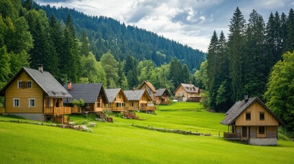 Obraz premium Scenic Village Nestled in Lush Green Landscape