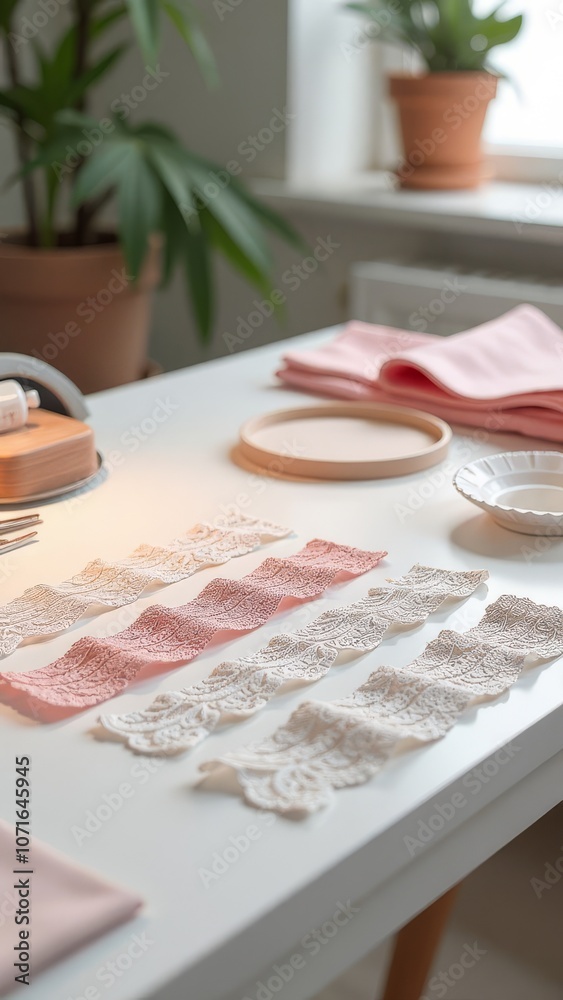 Poster a table with a variety of lace and fabric on it