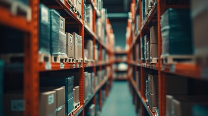 A blurred view of a warehouse filled with neatly stacked boxes on shelves, showcasing organized storage solutions.