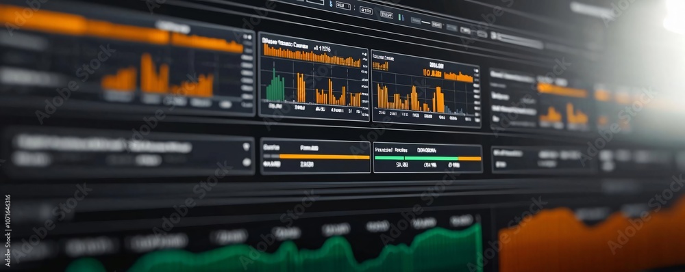 Poster a close-up view of a digital dashboard displaying various analytics and data trends in a modern inte