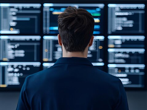 A focused professional analyzing data on multiple screens in a modern tech environment.