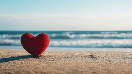 Red Heart on Sandy Beach with Ocean View