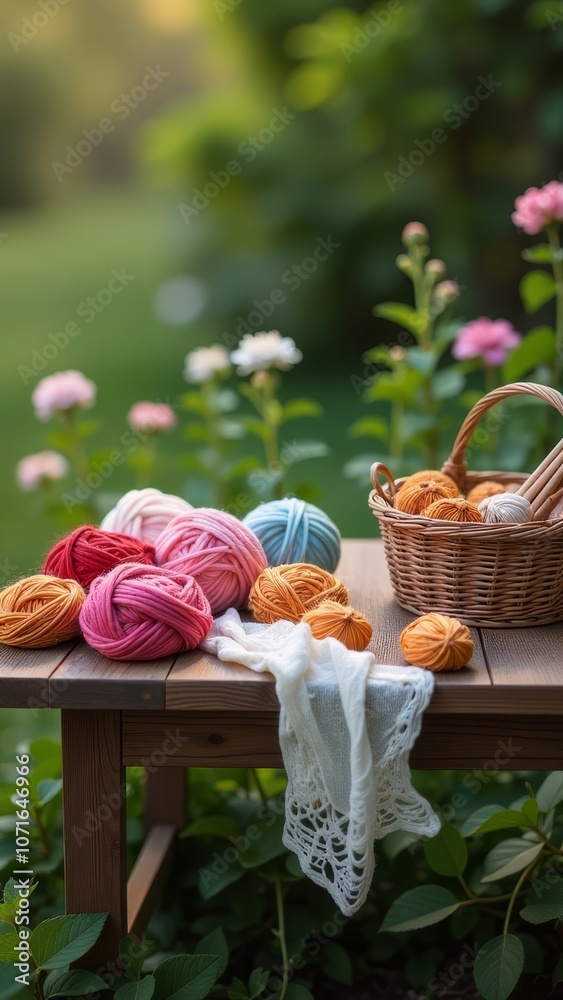Poster a basket of colorful yarn sits on a table next to a knitted blanket