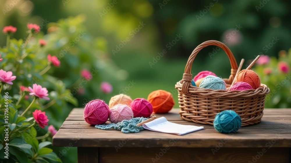 Poster a basket of colorful yarn sits on a table next to a knitted blanket