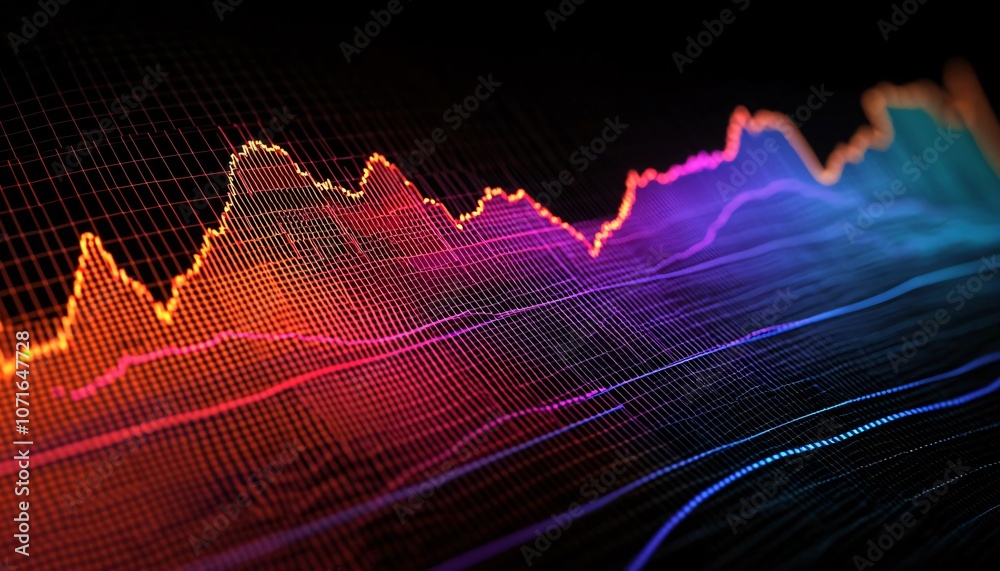Poster abstract data visualization with colorful light waves, representing digital information and analytic