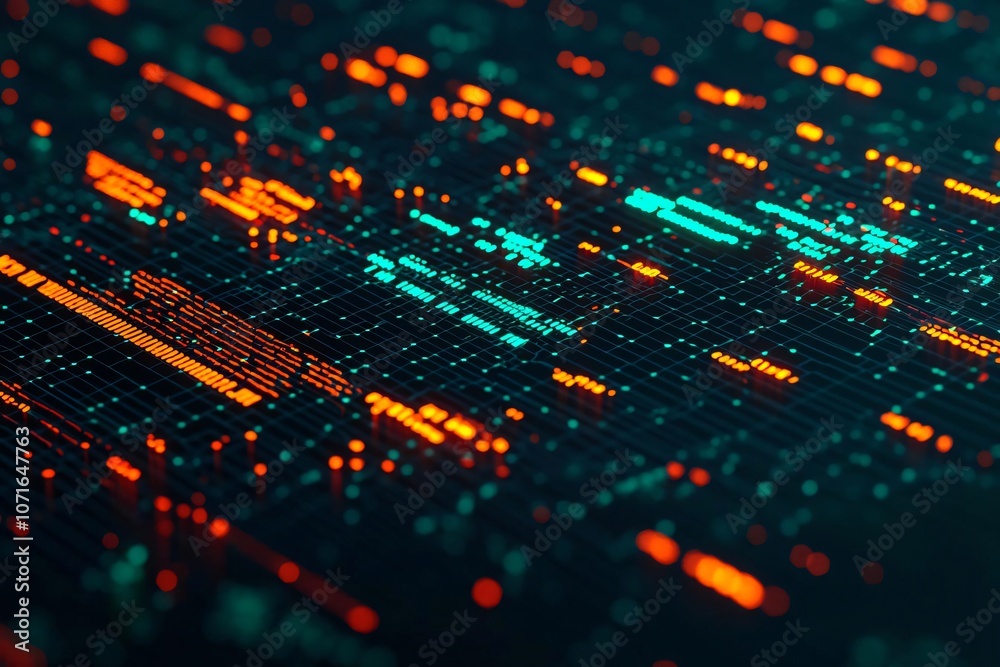 Poster abstract digital data visualization with vibrant colors and intricate patterns representing technolo