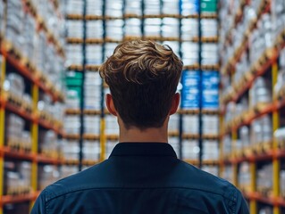 Fototapeta premium A young worker surveys a vast inventory in a modern warehouse, showcasing organization and logistics management.
