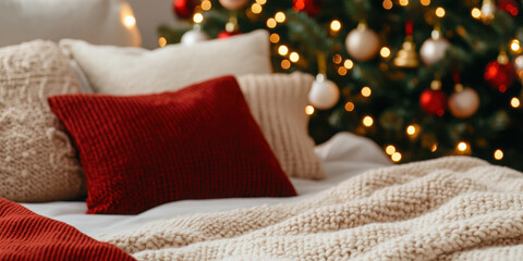 Cozy Christmas themed room with red pillows and festive decor