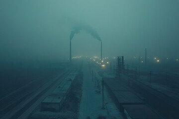 Misty industrial landscape with glowing lights at dusk