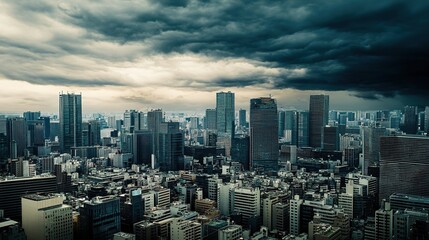 Fototapeta premium Dramatic cityscape under stormy sky with dark clouds