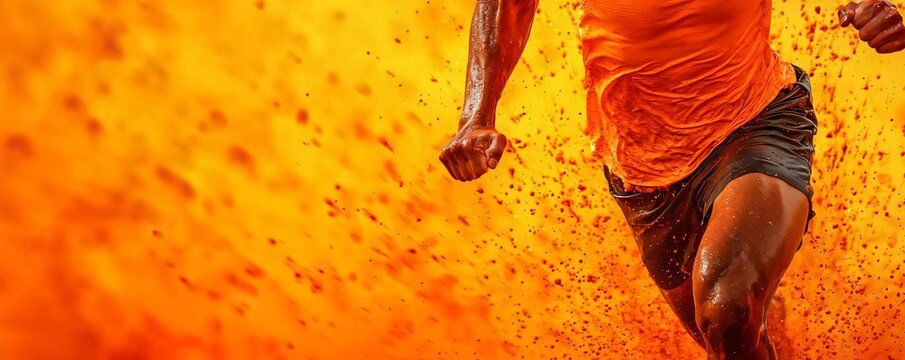 An energetic athlete runs through a vibrant, dynamic environment, showcasing strength and determination.