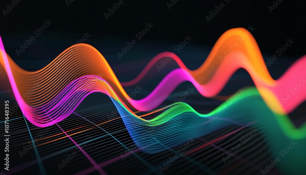 Poster colorful abstract wave patterns on a dark background, perfect for tech and design projects and creat