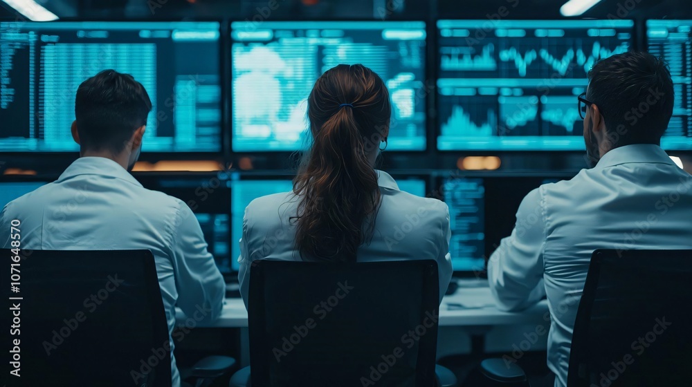 Poster dedicated team analyzing data on multiple screens in a modern tech environment.