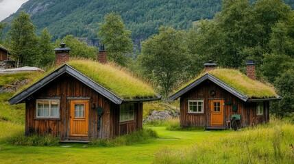 Charming Cabins with Grass Roofs in Scenic Landscape