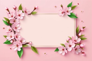 Fototapeta premium Pink frame with pink blossoms and floral design, featuring flowers, leaves, and petals, perfect for a romantic wedding invitation or spring card