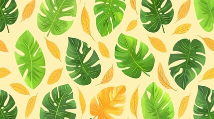 A vibrant display featuring a grid pattern of various tropical leaves in shades of green and yellow against a light background, creating a chaotic yet harmonious design