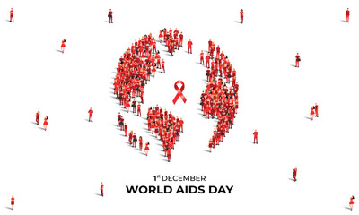 World AIDS Day. 1st December. A large group of people in red color form a globe shape with a red ribbon. Healthcare and medical concept. Vector Illustration.