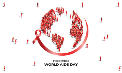 World AIDS Day. 1st December. A large group of people in red color form a globe shape with a red ribbon. Healthcare and medical concept. Vector Illustration.