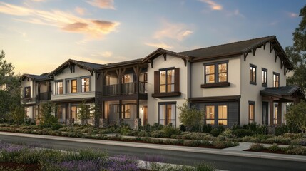 Modern Family Home with Beautiful Landscaping at Sunset