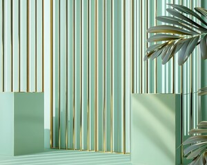 Contemporary mint green wallpaper with vertical lines and gold accents in 3D.