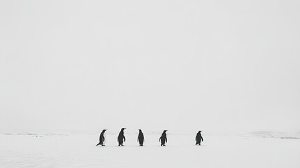 Five Penguins Walking in Snowy Landscape