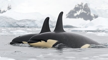 Fototapeta premium Two Orcas Swimming in Icy Waters