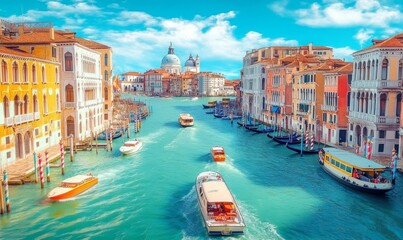 Fototapeta premium Watercolor Beautiful view of the Grand Canal with boats and colorful facades of old medieval houses from the Rialto Bridge in Venice, Italy. Venice is a popular