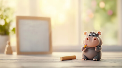 cute hippo holding chalk sits near whiteboard in bright room, evoking playful and cheerful atmosphere. soft lighting enhances whimsical scene