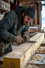 Worker measuring wooden beams with precision, using traditional tools with care,