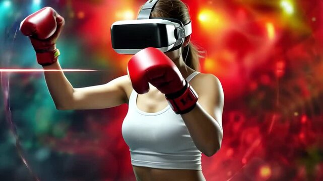 A woman is engaged in a virtual boxing training session, wearing a VR headset and gloves, surrounded by vibrant colors.