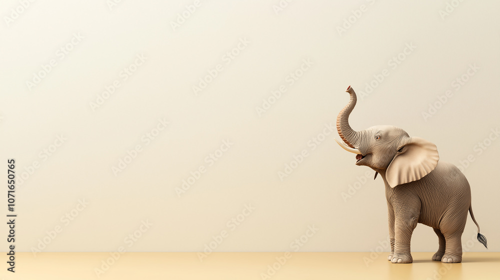 Poster vivid 3D scene of elephant with its trunk raised, showcasing its playful nature against minimalistic background. This charming depiction captures essence of joy and curiosity