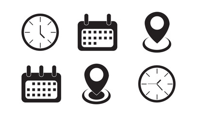 Time, Date, Location icon set. Event icons vector. Location, Calendar & clock multiple black icon set