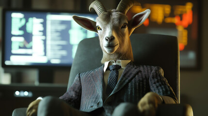 A goat in business suit sitting confidently on a chair with a computer screen displaying financial charts, graphs, and market data on background at office