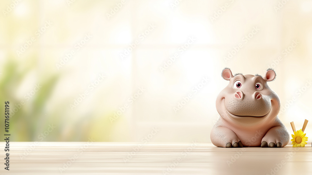 Aufkleber adorable hippopotamus with cheerful expression sits on wooden surface, surrounded by soft, blurred b