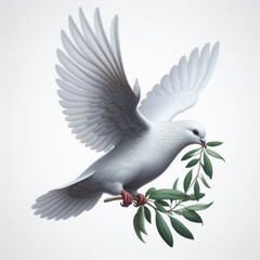 Obraz premium A white dove flying in the sky with olive branch symbolizing peace