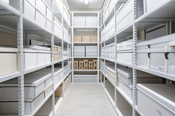 A neatly stacked white paper boxes arranged in rows and columns inside warehouse, a police archive with evidence box in aisle shelves