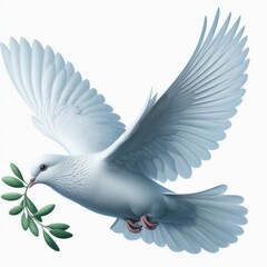 Obraz premium A white dove flying in the sky with olive branch symbolizing peace with wings spread wide