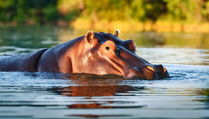 A Hippopotamus Resting in the Water with Eyes and Ears Above the Surface
