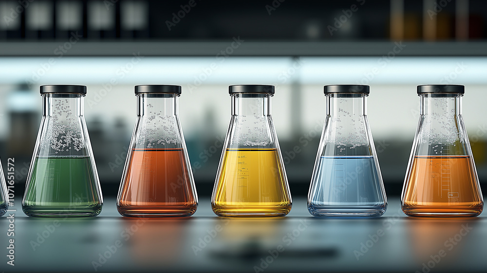 Aufkleber close up of colorful flasks and test tubes in chemistry lab, showcasing vibrant liquids in various s