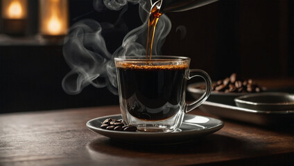 Fototapeta premium Indonesian-style black coffee with visible grounds, served in a simple glass with steam and warm lighting.