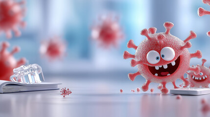 Cute cartoon flu virus characters with colorful details, smiling and playful, surrounded by bright background. Perfect for educational or health related content