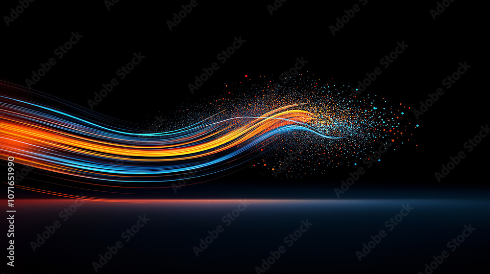 Aufkleber Vibrant trails of color and light create dynamic visual effect, showcasing explosive energy and movement against dark background. interplay of orange, blue, and sparkling particles adds depth and
