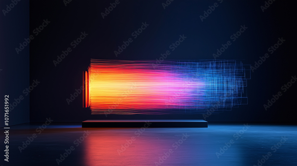 Poster Vibrant trails of color burst from sleek, modern installation, creating dynamic visual experience in dark space. interplay of light and color captivates viewer