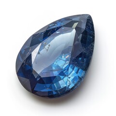 A single polished sapphire gemstone, reflecting a deep blue color, isolated on white