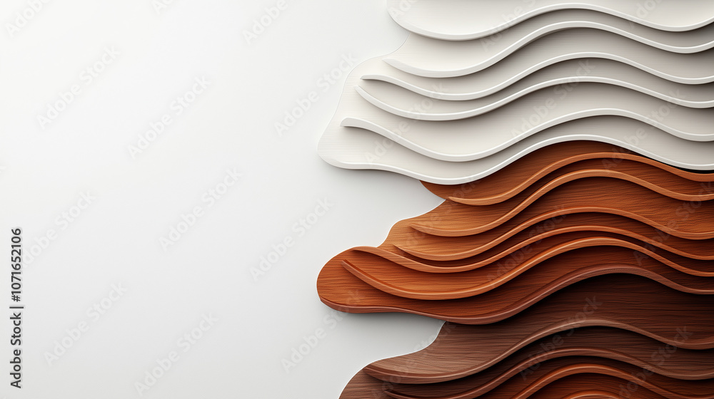 Poster flowing organic shapes in subtle gradients of white and brown create harmonious design. layered text