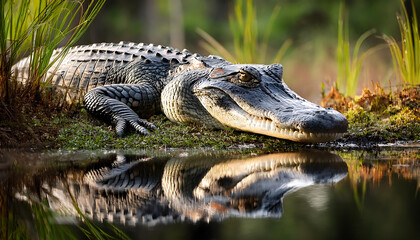 Fototapeta premium Alligator Resting by the Swamp's Edge with Reflective Water