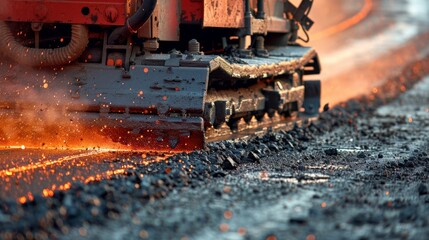The powerful machine makes easy work of the hot asphalt distributing it evenly as it moves along the road.