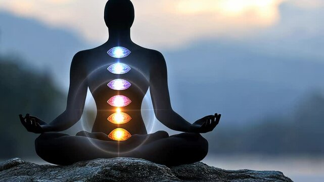 Inner energy flow: serene meditation focusing on chakra visualization, harmonizing body energy centers, creating peaceful experience that promotes balance, mindfulness, spiritual well-being.