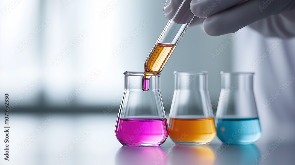 Aufkleber scientist conducting experiment with colorful liquids in glass flasks, showcasing vibrant chemistry 