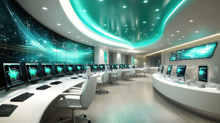 Obraz premium Futuristic Interior with Digital Interface and City View